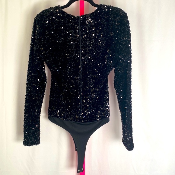 GOOD AMERICAN Black sequined long sleeve bodysuit snaps at bottom size 3 - Picture 2 of 5